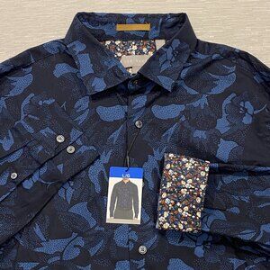 Ted Baker Dress Shirt Mens Large Blue Black Floral Print Long Sleeve